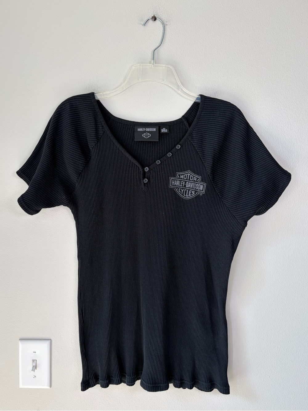 Harley Davidson Creed Club Rib-Knit Short Sleeve Henley Top in Black Beauty 2XL
